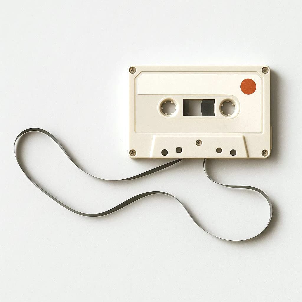 A cassette with its tape pulled out into one long unbroken line